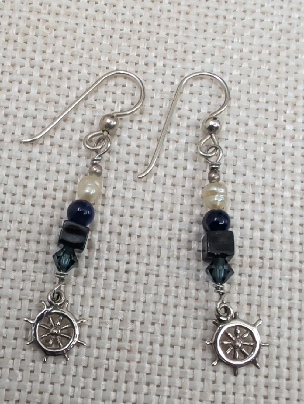 Sterling Silver Nautical Wheel Dangle Earrings with Navy and Pearl Beads - Picture 6 of 17